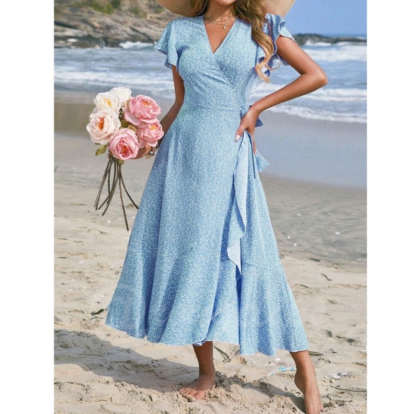 Boho Light Blue Floral Dress  V neck Ruffle Hem Ankle Length, A Line Wrap Style - Picture 2 of 8